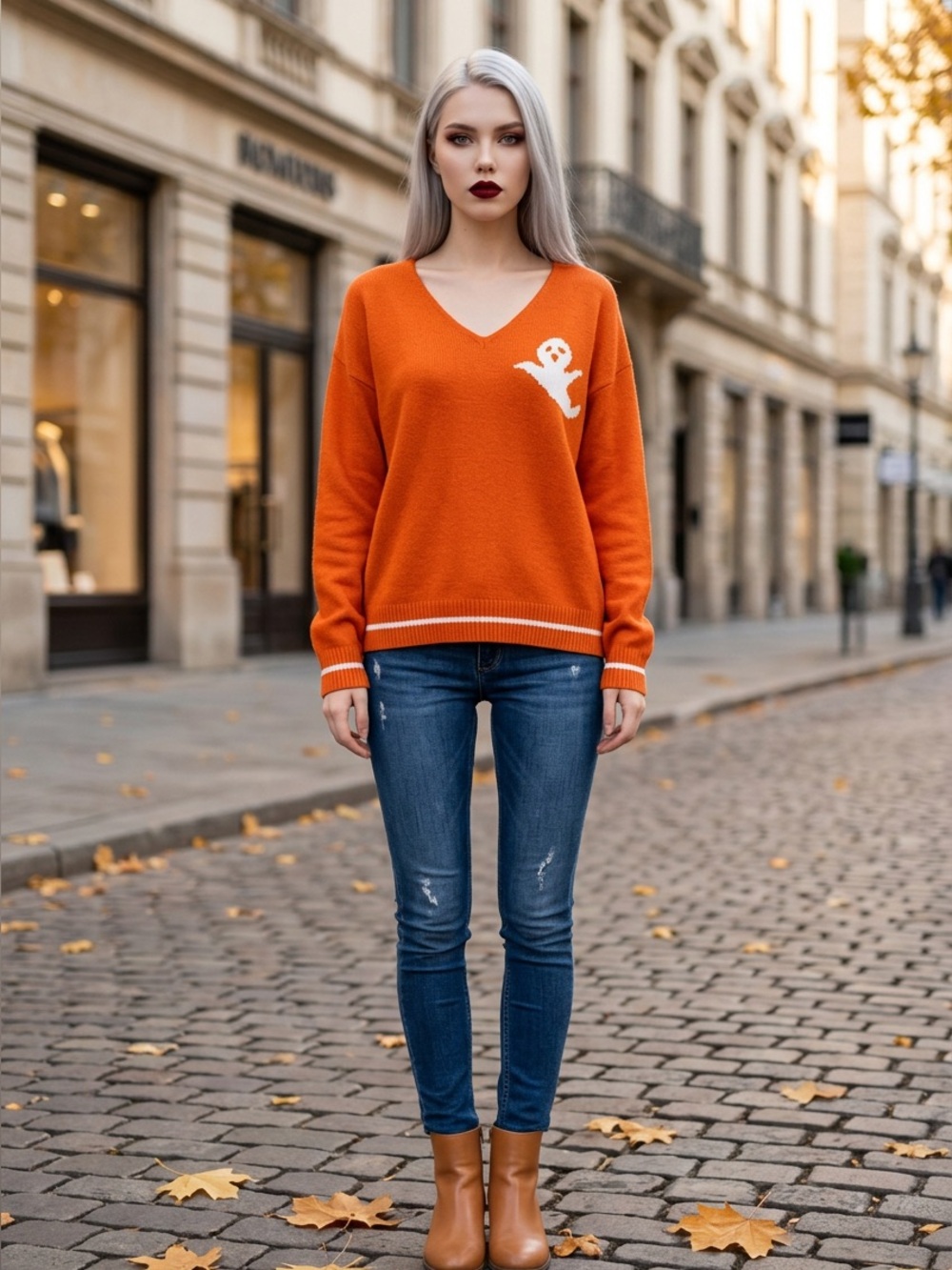 YUURQTY Womens XL Orange 1940s Style Halloween Ghost Knit V-Neck Varsity Sweater
